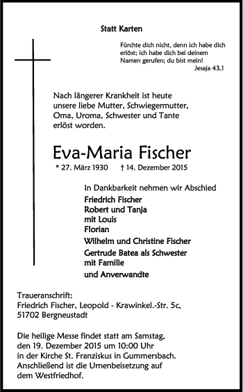 Anzeige von Eva-Maria Fischer von Kölner Stadt-Anzeiger / Kölnische Rundschau / Express