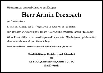 Anzeige von Armin Dresbach von Kölner Stadt-Anzeiger / Kölnische Rundschau / Express