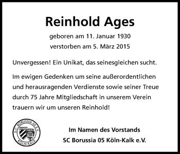 Anzeige von Reinhold Ages von Kölner Stadt-Anzeiger / Kölnische Rundschau / Express