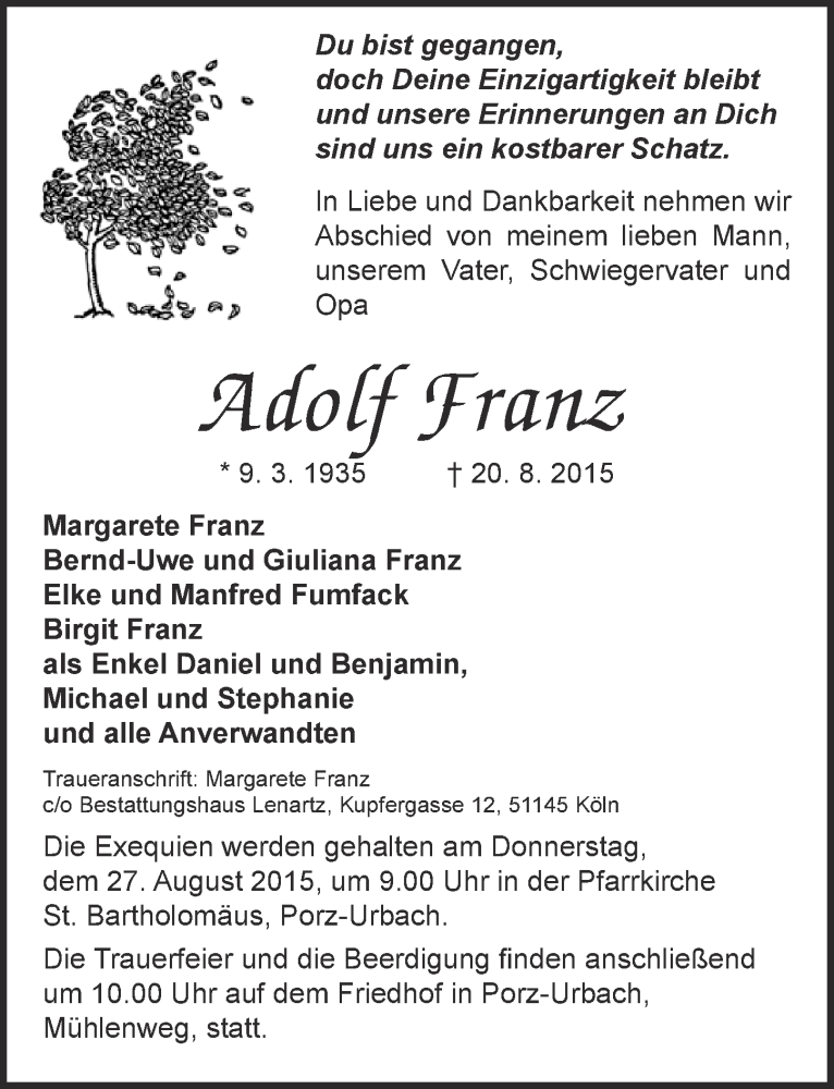  Traueranzeige für Adolf Franz vom 26.08.2015 aus  Kölner Wochenspiegel 