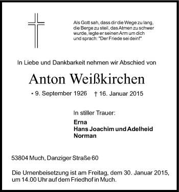 Anzeige von Anton Weißkirchen von Kölner Stadt-Anzeiger / Kölnische Rundschau / Express