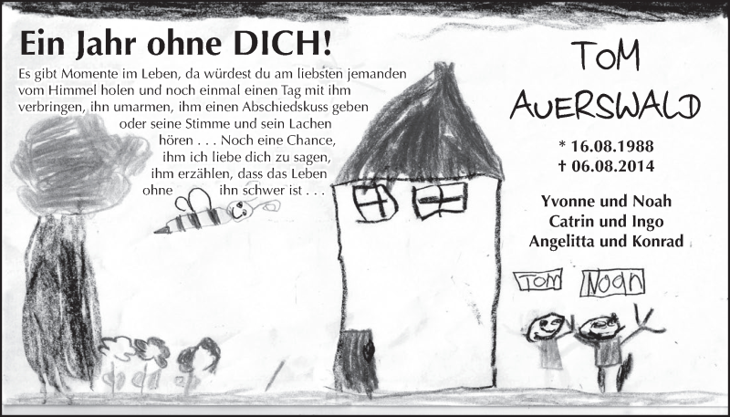  Traueranzeige für Tom Auerswald vom 05.08.2015 aus  Schlossbote/Werbekurier 