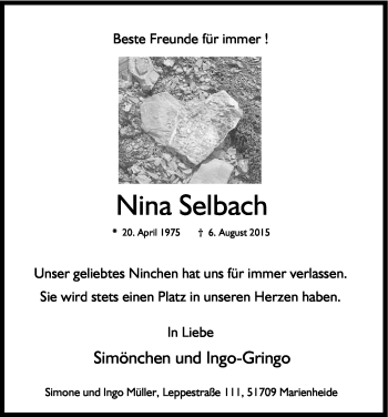 Anzeige von Nina Selbach von Kölner Stadt-Anzeiger / Kölnische Rundschau / Express