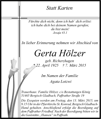Anzeige von Gerta Hölzer von Kölner Stadt-Anzeiger / Kölnische Rundschau / Express