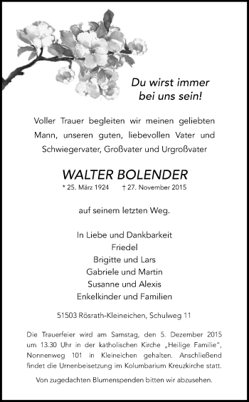 Anzeige von Walter Bolender von Kölner Stadt-Anzeiger / Kölnische Rundschau / Express