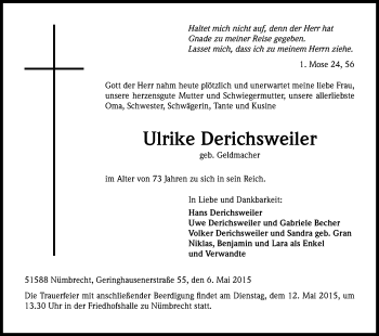 Anzeige von Ulrike Derichsweiler von Kölner Stadt-Anzeiger / Kölnische Rundschau / Express