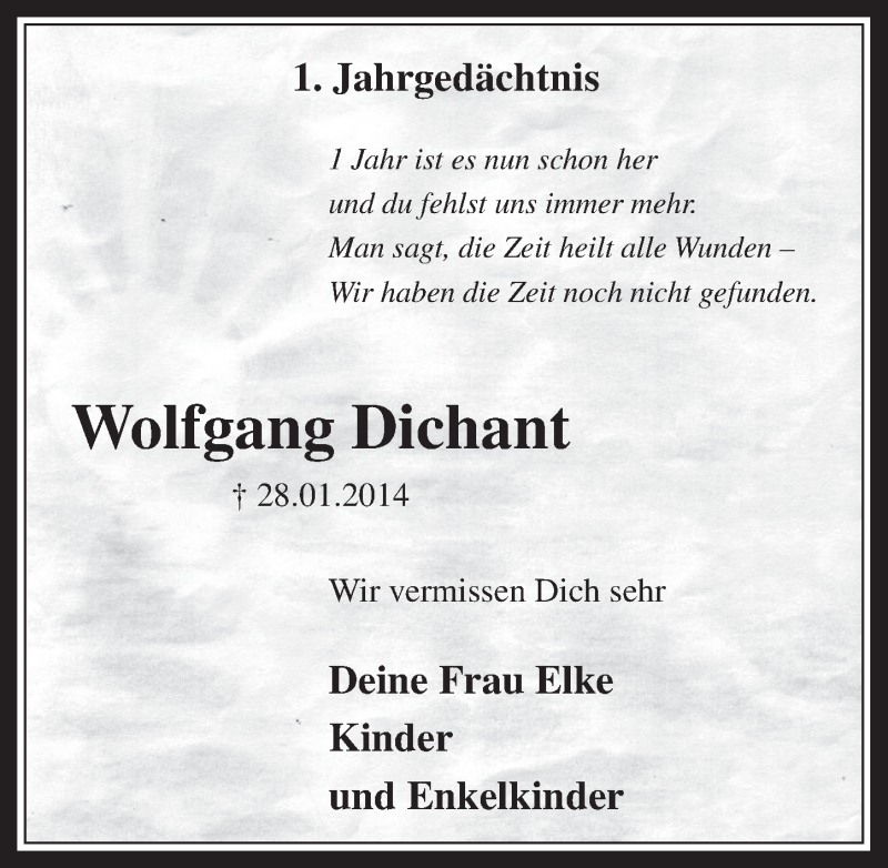  Traueranzeige für Wolfgang Dichant vom 28.01.2015 aus  Wochenende 