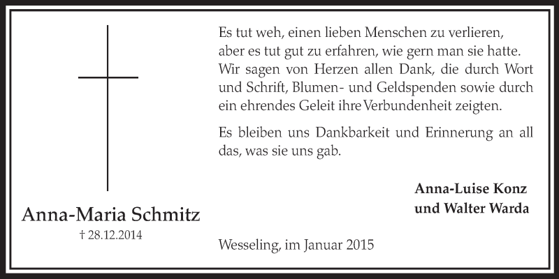 Traueranzeige für Anna-Maria Schmitz vom 28.01.2015 aus  Schlossbote/Werbekurier 