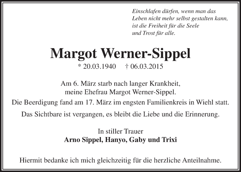  Traueranzeige für Margot Werner-Sippel vom 01.04.2015 aus  Anzeigen Echo 