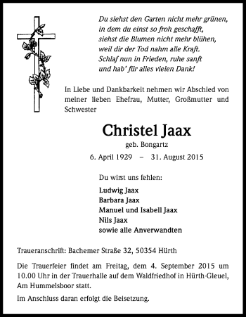Anzeige von Christel Jaax von Kölner Stadt-Anzeiger / Kölnische Rundschau / Express