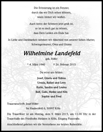 Anzeige von Wilhelmine Landefeld von Kölner Stadt-Anzeiger / Kölnische Rundschau / Express
