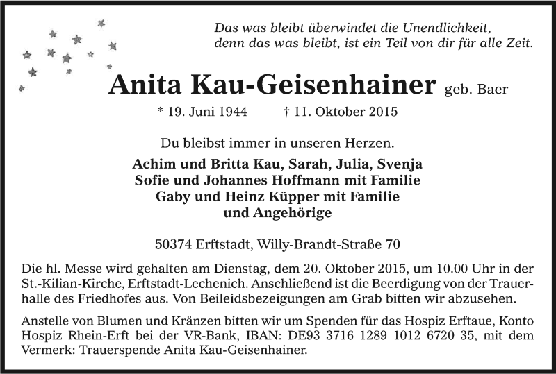  Traueranzeige für Anita Kau-Geisenhainer vom 17.10.2015 aus Kölner Stadt-Anzeiger / Kölnische Rundschau / Express