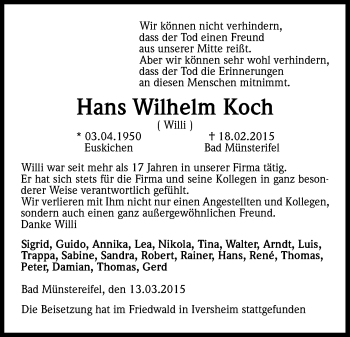 Anzeige von Hans Wilhelm Koch von Kölner Stadt-Anzeiger / Kölnische Rundschau / Express