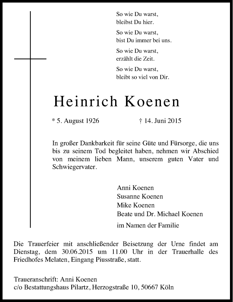  Traueranzeige für Heinrich Koenen vom 20.06.2015 aus Kölner Stadt-Anzeiger / Kölnische Rundschau / Express