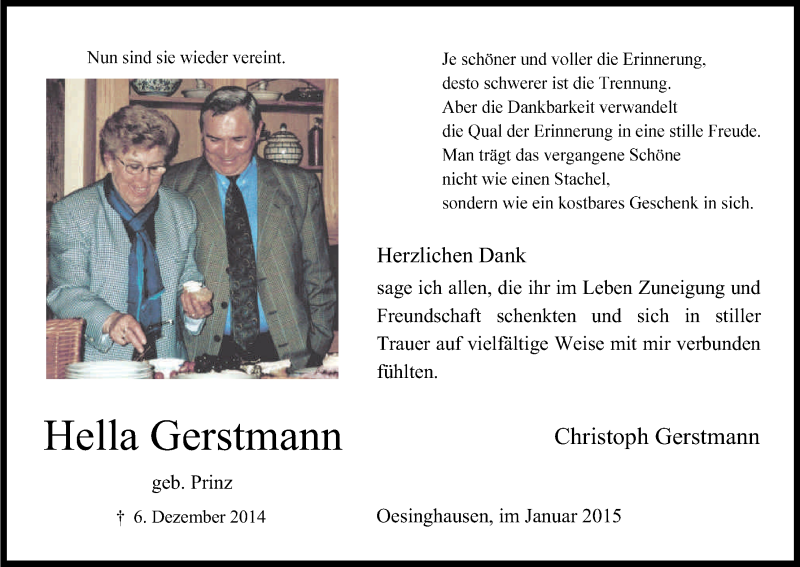  Traueranzeige für Hella Gerstmann vom 31.01.2015 aus Kölner Stadt-Anzeiger / Kölnische Rundschau / Express