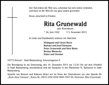 Anzeige von Rita Grunewald von Kölner Stadt-Anzeiger / Kölnische Rundschau / Express