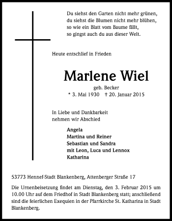 Anzeige von Marlene Wiel von Kölner Stadt-Anzeiger / Kölnische Rundschau / Express