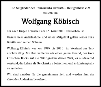 Anzeige von Wolfgang Köbisch von Kölner Stadt-Anzeiger / Kölnische Rundschau / Express