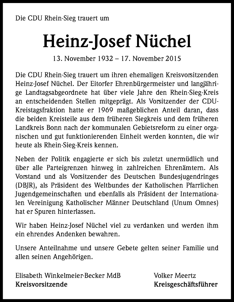  Traueranzeige für Heinz-Josef Nüchel vom 21.11.2015 aus Kölner Stadt-Anzeiger / Kölnische Rundschau / Express