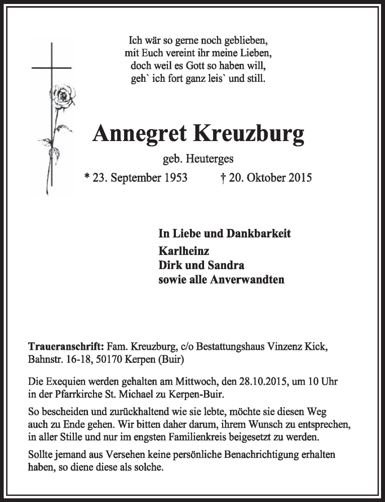  Traueranzeige für Annegret Kreuzburg vom 24.10.2015 aus  Sonntags-Post 
