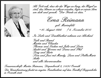 Anzeige von Erna Reimann von Köln - Wir Trauern