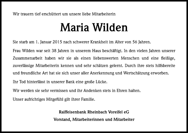  Traueranzeige für Maria Wilden vom 14.01.2015 aus Kölner Stadt-Anzeiger / Kölnische Rundschau / Express