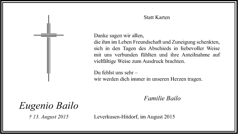  Traueranzeige für Eugenio Bailo vom 29.08.2015 aus Kölner Stadt-Anzeiger / Kölnische Rundschau / Express