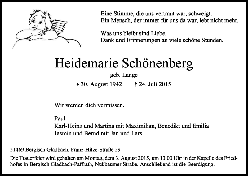  Traueranzeige für Heidemarie Schönenberg vom 30.07.2015 aus Kölner Stadt-Anzeiger / Kölnische Rundschau / Express
