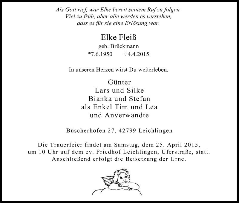  Traueranzeige für Elke Fleiß vom 18.04.2015 aus Kölner Stadt-Anzeiger / Kölnische Rundschau / Express