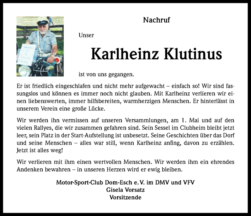  Traueranzeige für Karlheinz Klutinus vom 20.02.2015 aus Kölner Stadt-Anzeiger / Kölnische Rundschau / Express