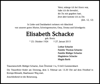 Anzeige von Elisabeth Schacke von Kölner Stadt-Anzeiger / Kölnische Rundschau / Express