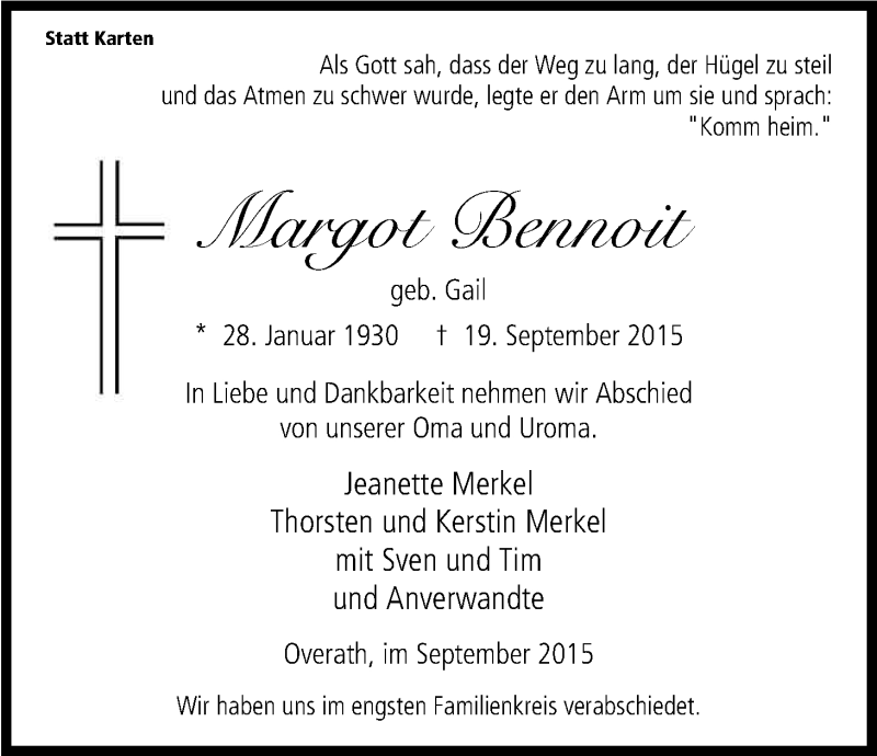  Traueranzeige für Margot Bennoit vom 26.09.2015 aus Kölner Stadt-Anzeiger / Kölnische Rundschau / Express