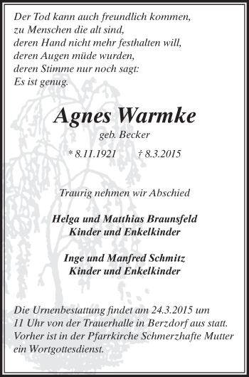 Anzeige von Agnes Warmke von  Schlossbote/Werbekurier 