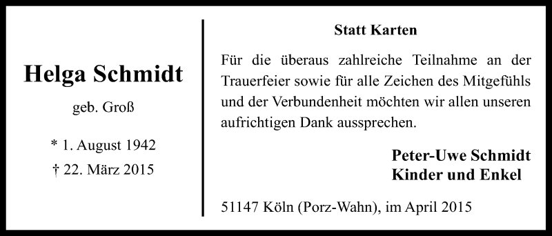  Traueranzeige für Helga Schmidt vom 15.04.2015 aus  Kölner Wochenspiegel 
