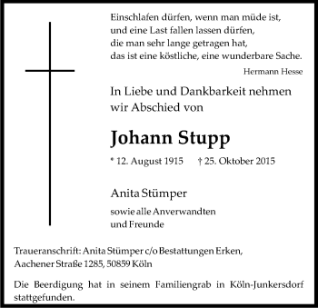 Anzeige von Johann Stupp von Kölner Stadt-Anzeiger / Kölnische Rundschau / Express