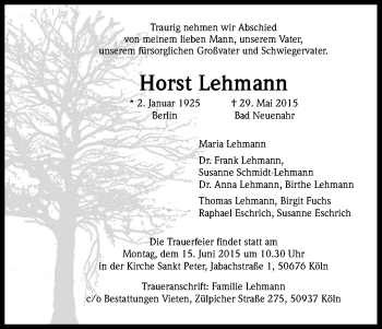 Anzeige von Horst Lehmann von Kölner Stadt-Anzeiger / Kölnische Rundschau / Express