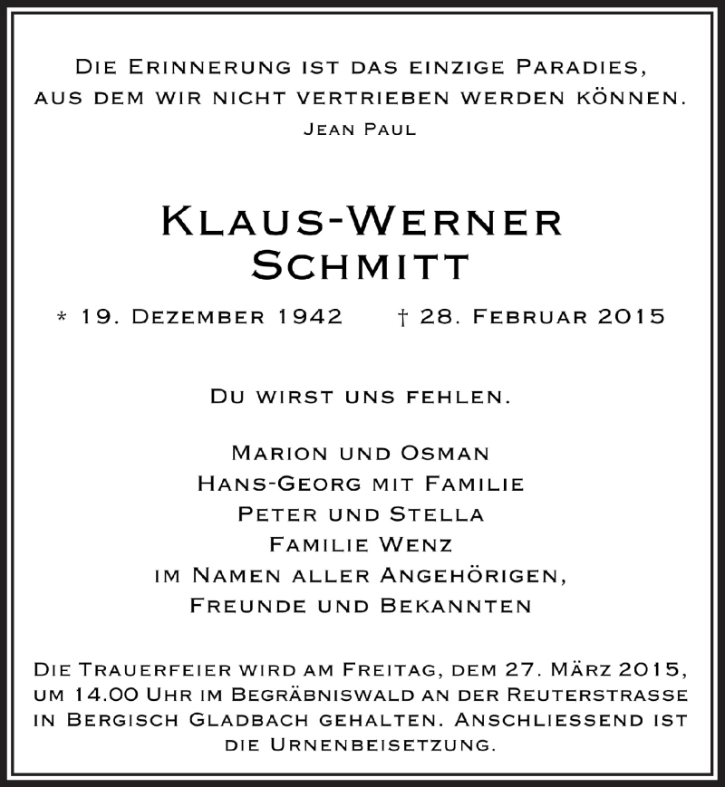  Traueranzeige für Klaus-Werner Schmitt vom 11.03.2015 aus  Bergisches Handelsblatt 