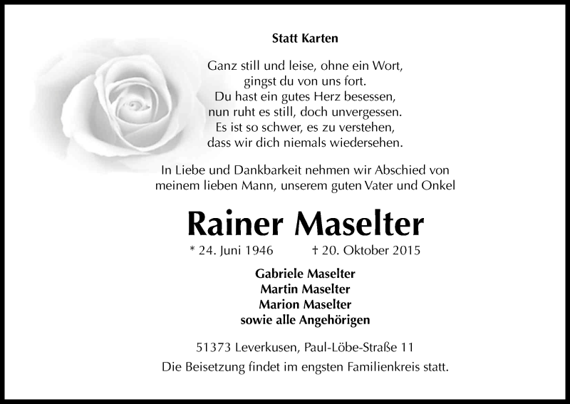  Traueranzeige für Rainer Maselter vom 26.10.2015 aus Kölner Stadt-Anzeiger / Kölnische Rundschau / Express