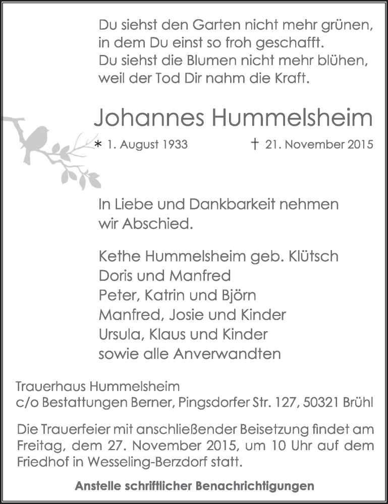  Traueranzeige für Johannes Hummelsheim vom 25.11.2015 aus  Schlossbote/Werbekurier 