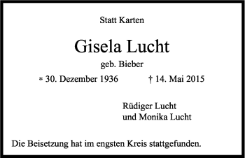 Anzeige von Gisela Lucht von Kölner Stadt-Anzeiger / Kölnische Rundschau / Express