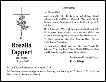 Anzeige von Rosalia Tappert von Kölner Stadt-Anzeiger / Kölnische Rundschau / Express