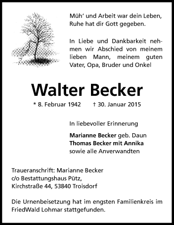 Anzeige von Walter Becker von Kölner Stadt-Anzeiger / Kölnische Rundschau / Express