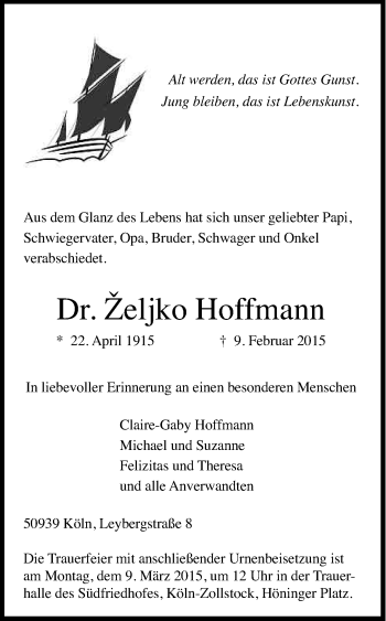 Anzeige von Zeljko Hoffmann von Kölner Stadt-Anzeiger / Kölnische Rundschau / Express