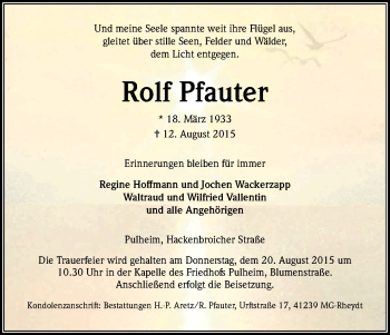 Anzeige von Rolf Pfauter von Kölner Stadt-Anzeiger / Kölnische Rundschau / Express
