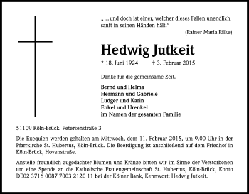 Anzeige von Hedwig Jutkeit von Kölner Stadt-Anzeiger / Kölnische Rundschau / Express