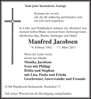 Anzeige von Manfred Jacobsen von  Lokalanzeiger 