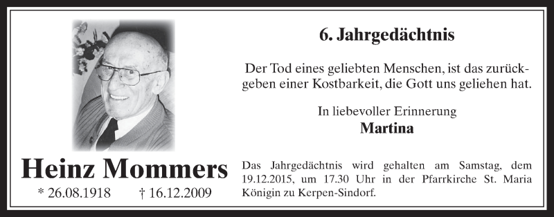  Traueranzeige für Heinz Mommers vom 16.12.2015 aus  Werbepost 