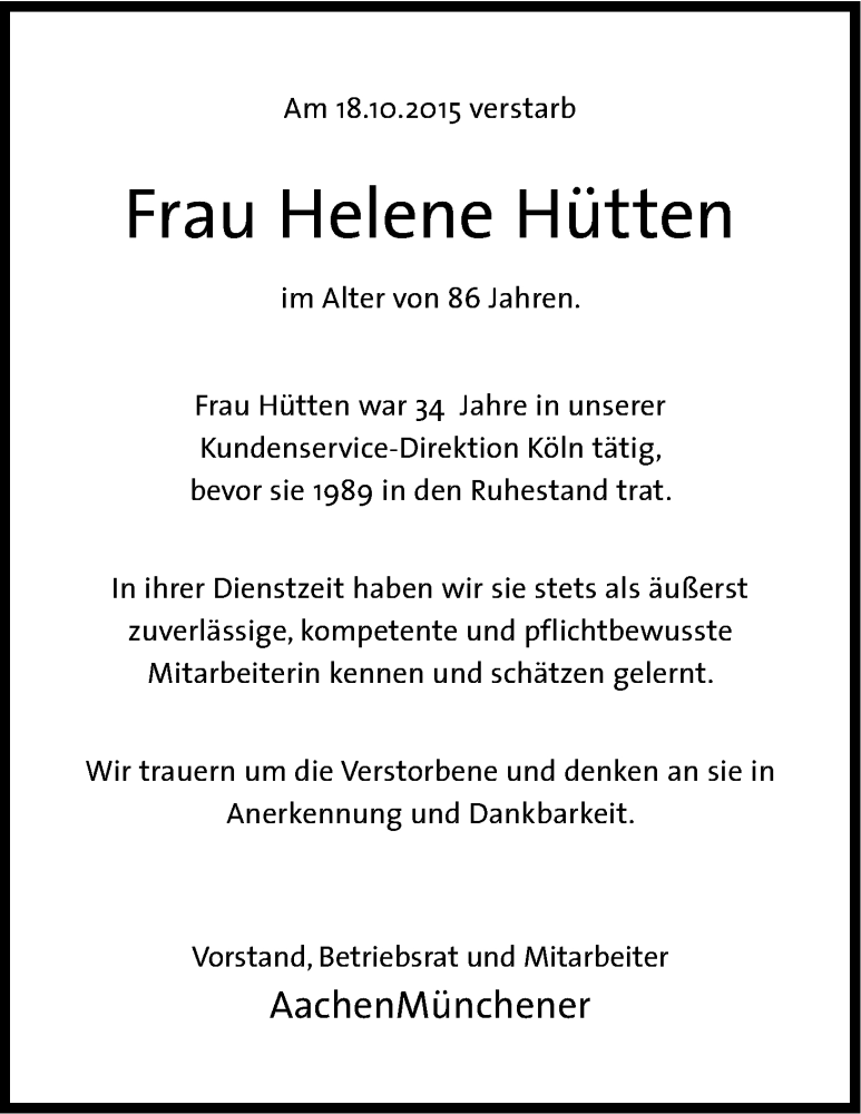  Traueranzeige für Helene Hütten vom 26.10.2015 aus Kölner Stadt-Anzeiger / Kölnische Rundschau / Express