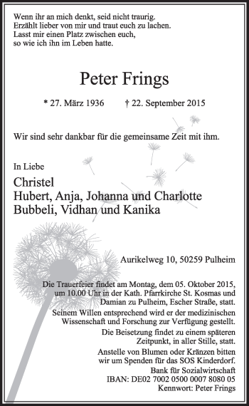 Anzeige von Peter Frings von  Sonntags-Post 