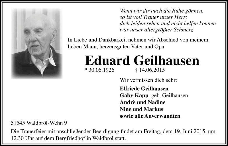  Traueranzeige für Eduard Geilhausen vom 18.06.2015 aus Kölner Stadt-Anzeiger / Kölnische Rundschau / Express